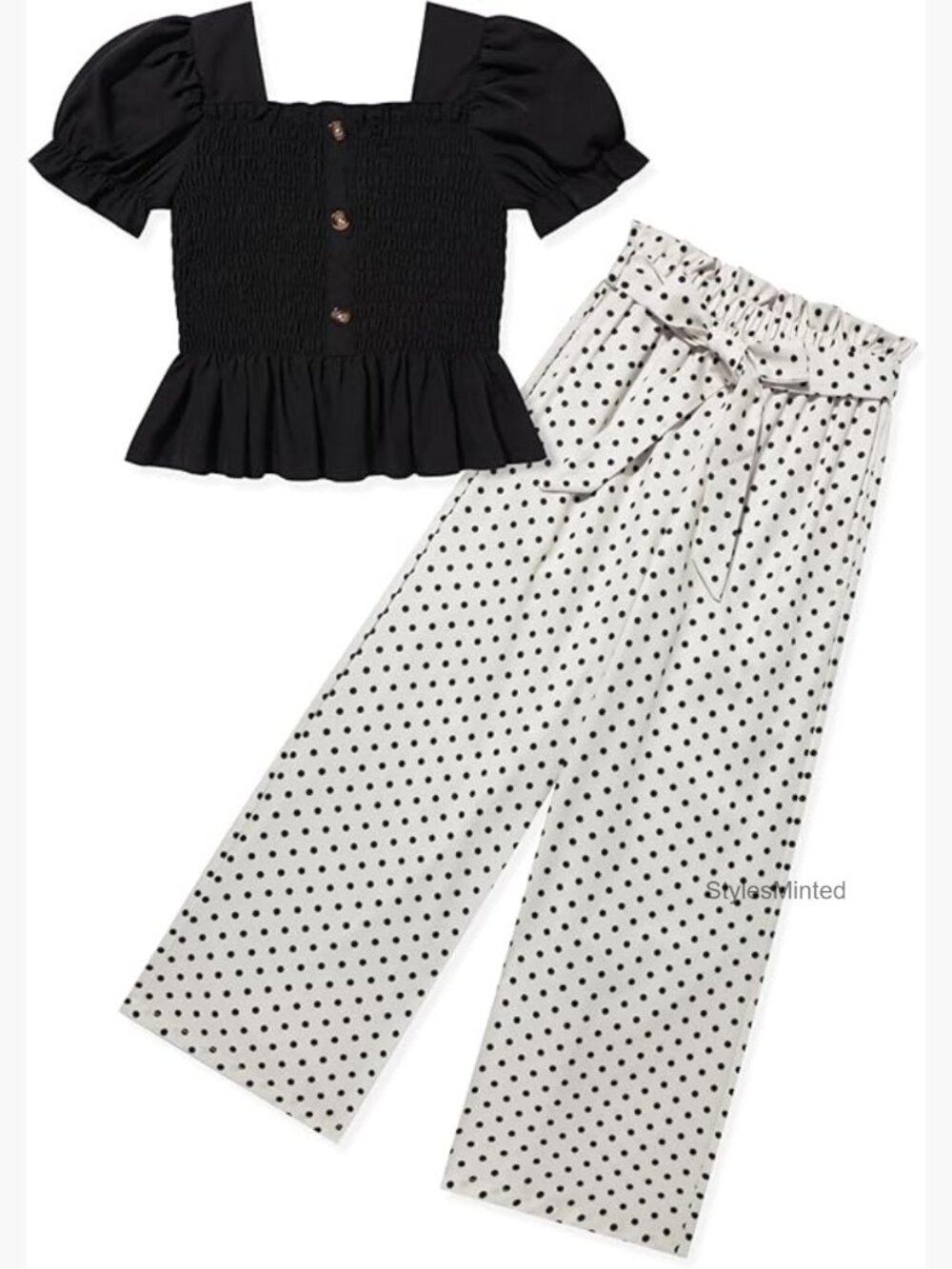 Girls Square Collar Stretch Top & Wide Leg Pants Set 6-14Y